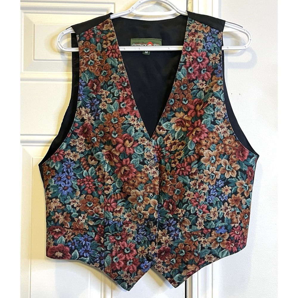 Vintage Outback Red Tapestry Vest Floral Woven Cottagecore M Extra Button Inside